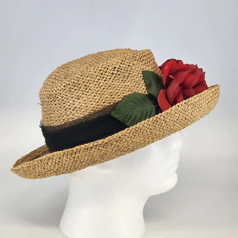 Eric Javits Luxury Squishee Sun Hat Beige Packable Woven Rose Brim Hatpin Vtg - Picture 4 of 14